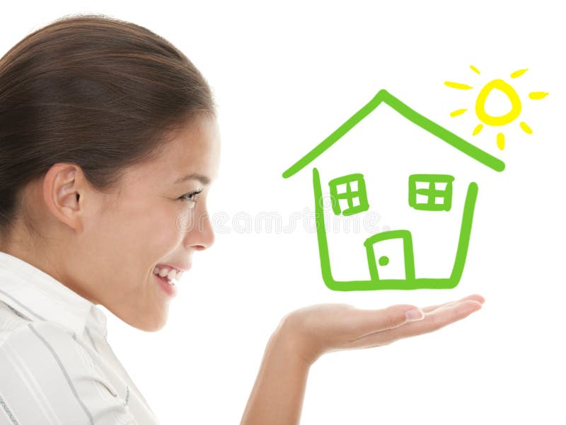 Happy house buyer / owner concept or woman dreaming of a house. Illustration and photo composit. Mixed chinese caucasian woman in profile isolated on white background. Happy house buyer / owner concept or woman dreaming of a house. Illustration and photo composit. Mixed chinese caucasian woman in profile isolated on white background.