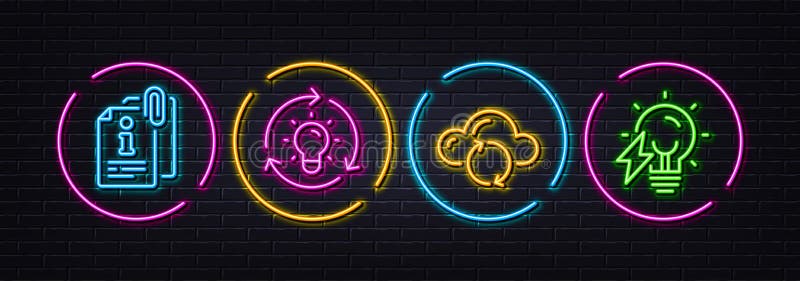 Idea, Cloud sync and Attached info minimal line icons. For web application, printing. Neon laser 3d lights. Vector royalty free illustration
