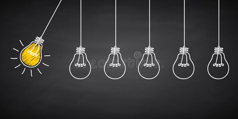 Idea di lampadina per banner, cartello della lampadina creativa disegnato in gesso su una lavagna, sfondo dell'innovazione - per