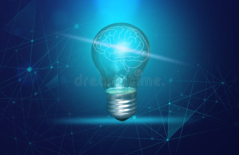 Idea generation and brainstorming. Glowing brain in light bulb. vector illustration