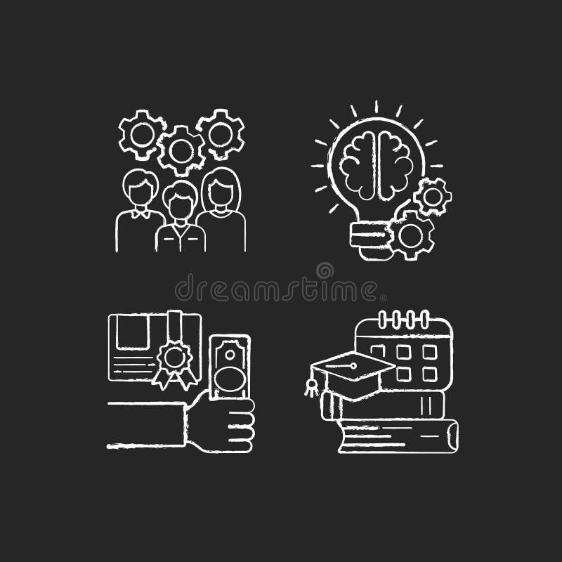 Idea generation chalk white icons set on black background vector illustration