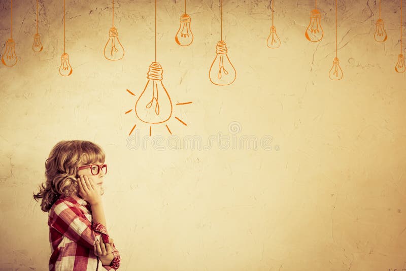 Hipster kid thinking. Idea concept. Drawing bulb lump. Retro toned