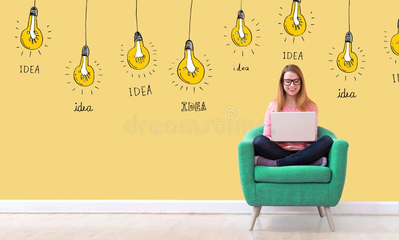 Idea light bulbs with woman using a laptop stock images Idea light bulbs with woman using a laptop stock images