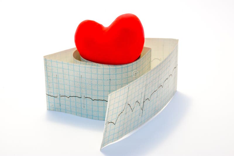 Idea photo arrhythmias and heart diseases related to disorders of normal heart rhythm. Model red heart lies on top of the roll of paper electrocardiogram on a white background