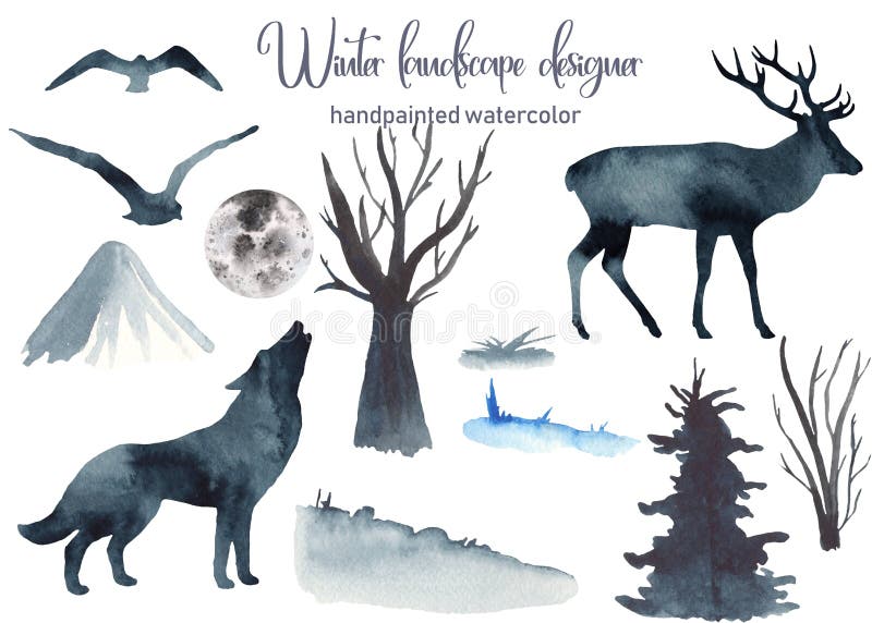 Watercolor set winter landscape with deer, wolf, mountains, moon, trees, birds, grass