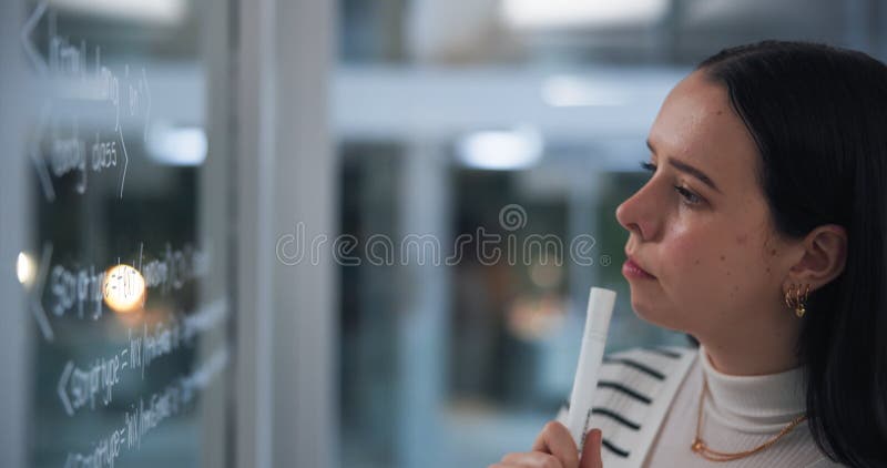 Ideas, smart board and woman in classroom, teacher and education of coding in college and web developer. Digital stock video