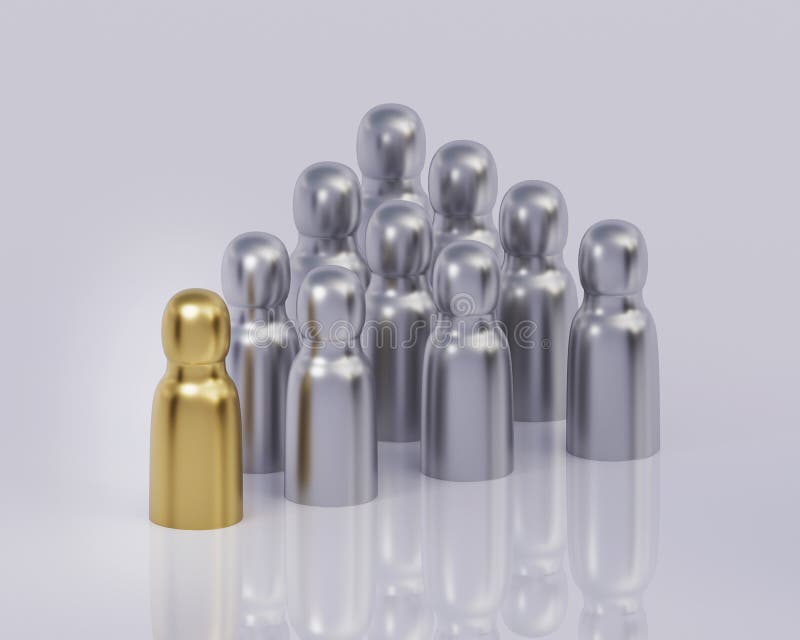 Concept leader of the business team. Crowd of gray silver men goes for the leader of the golden color, valuable employee. 3d illustration. Concept leader of the business team. Crowd of gray silver men goes for the leader of the golden color, valuable employee. 3d illustration