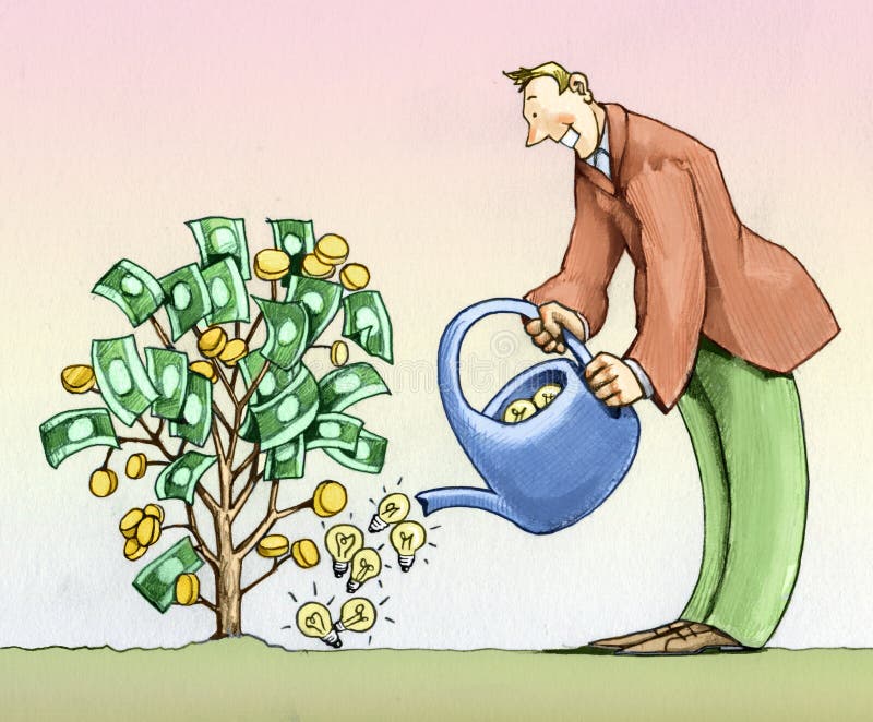 Man watering a plant with bulbs that produces money. Man watering a plant with bulbs that produces money