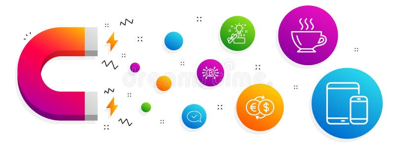 Idee creativă de cafea și pictograme de mesaje aprobate setate. sistemul bitcoin cu schimb de bani și dispozitivele mobile. vector stock illustration