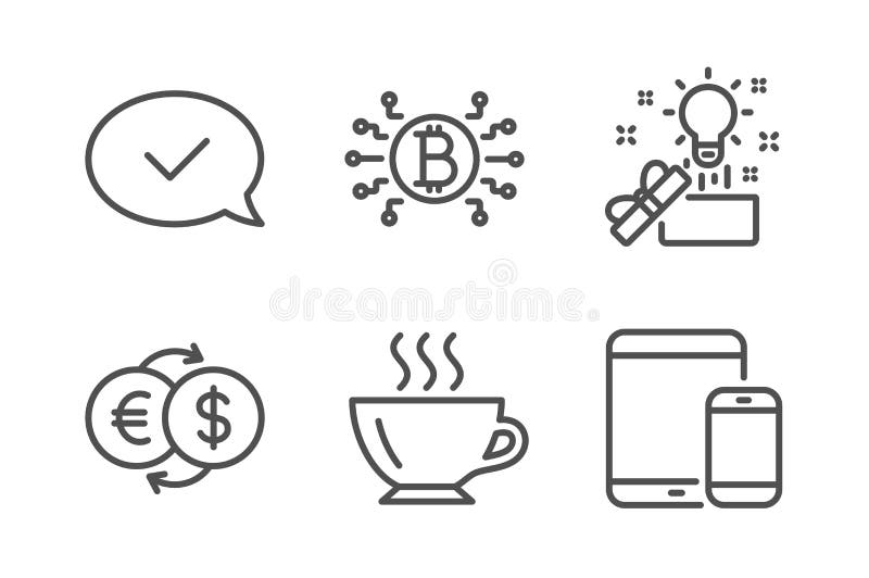 Idee creativă de cafea și pictograme de mesaje aprobate setate. sistemul bitcoin cu schimb de bani și dispozitivele mobile. vector royalty free illustration