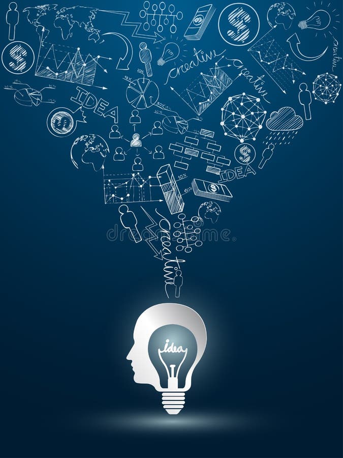 Head idea concept with light bulbs on blue background. Head idea concept with light bulbs on blue background