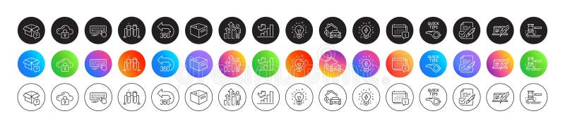 Idee zur Gebührenerhebung und 360 Grad Line Icons. für den Druck von Webanwendungen. runde Symbole. Vektor lizenzfreie abbildung