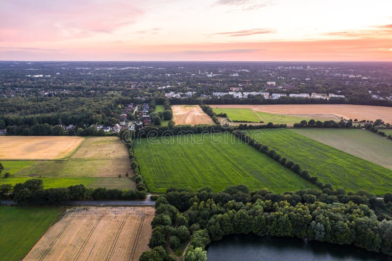 Ideia aérea do por do sol sobre o parque do verão foto de stock royalty free