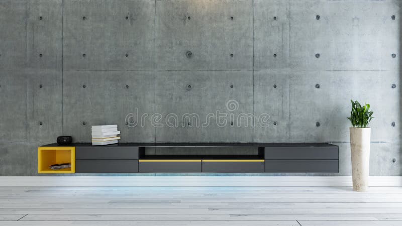 Ideia de design de interiores para sala de TV com parede de concreto imagem de stock