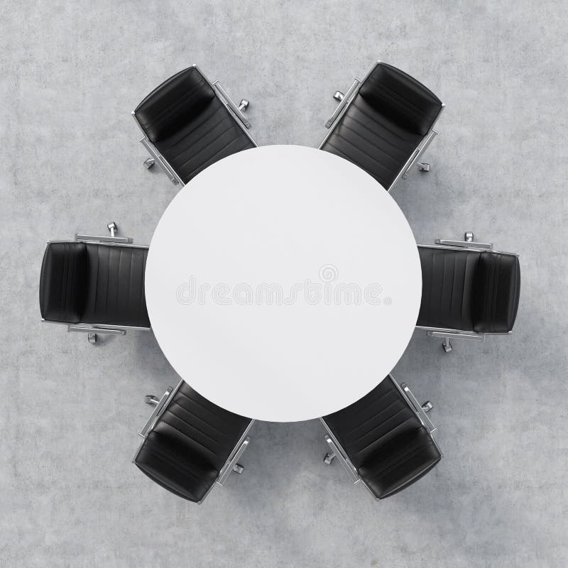 Ideia superior de uma sala de conferências Uma mesa redonda branca e seis cadeiras ao redor Interior do escritório rendição 3d