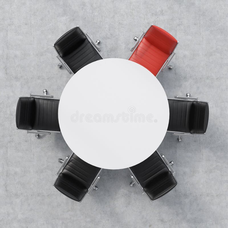 Ideia superior de uma sala de conferências Uma mesa redonda branca e seis cadeiras ao redor, um deles são vermelhas Interior do e