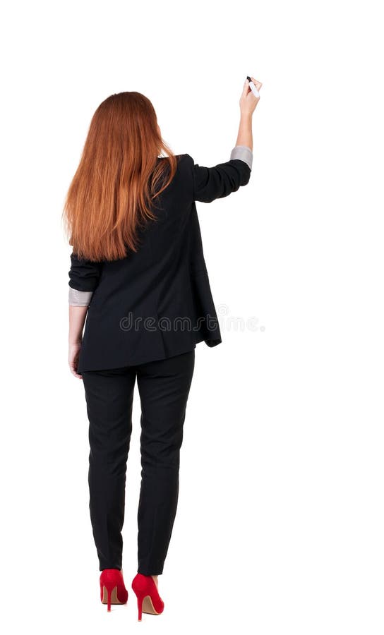 Ideia traseira de escrever a mulher de negócio bonita do ruivo foto de stock royalty free Ideia traseira de escrever a mulher de negócio bonita do ruivo foto de stock royalty free