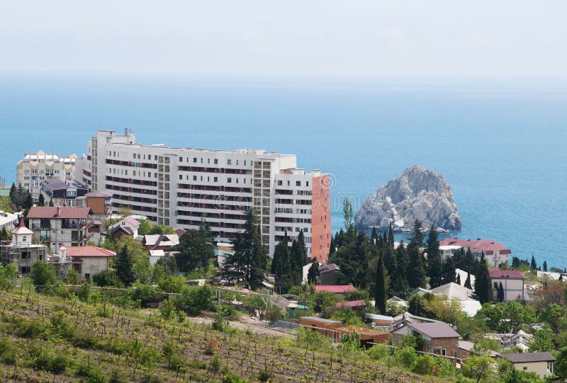 Views of Gurzuf, hotels amid vineyards, Black sea and cliff Adalary, Crimea. Views of Gurzuf, hotels amid vineyards, Black sea and cliff Adalary, Crimea