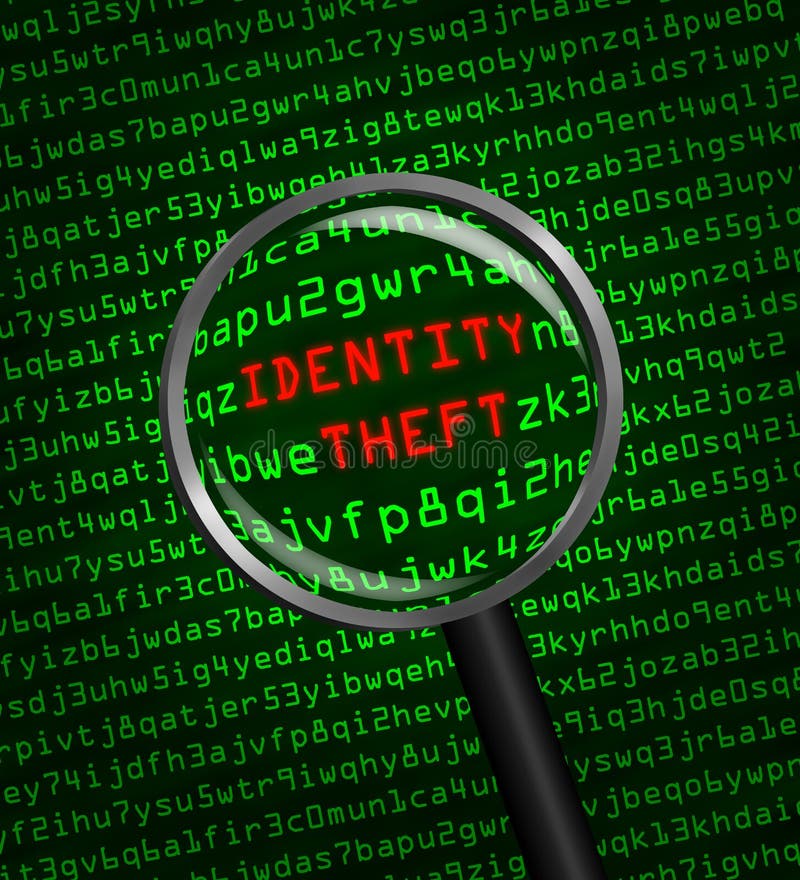 Identitäts-Diebstahl aufgedeckt im Computercode durch Lupe lizenzfreie abbildung