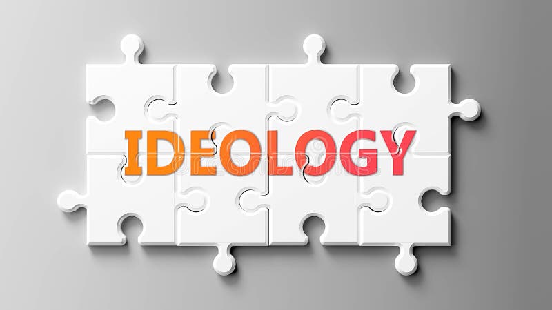 Ideology complex like a puzzle - pictured as word Ideology on a puzzle pieces to show that Ideology can be difficult and needs stock illustration