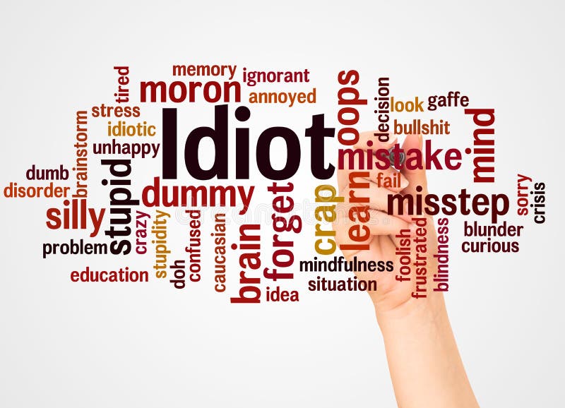 Idiot word cloud and hand with marker concept. On white background royalty free stock images