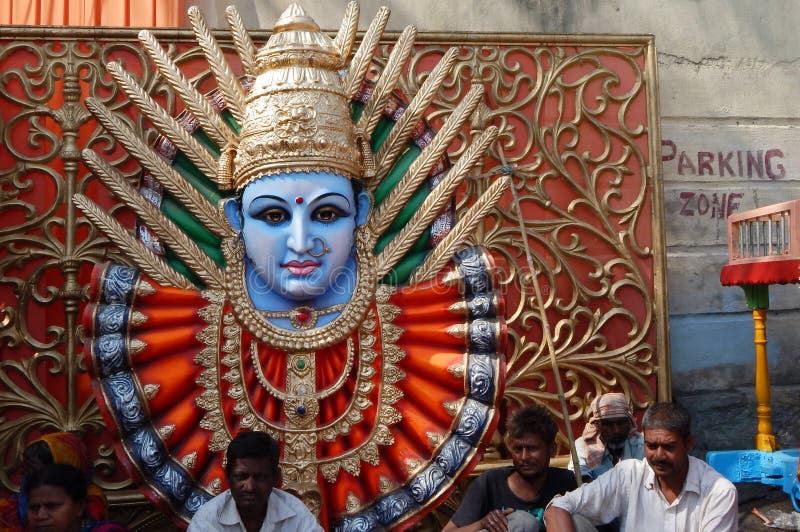 Idol of Hindu goddess Durga in pandal on Hanuman Jayanti day