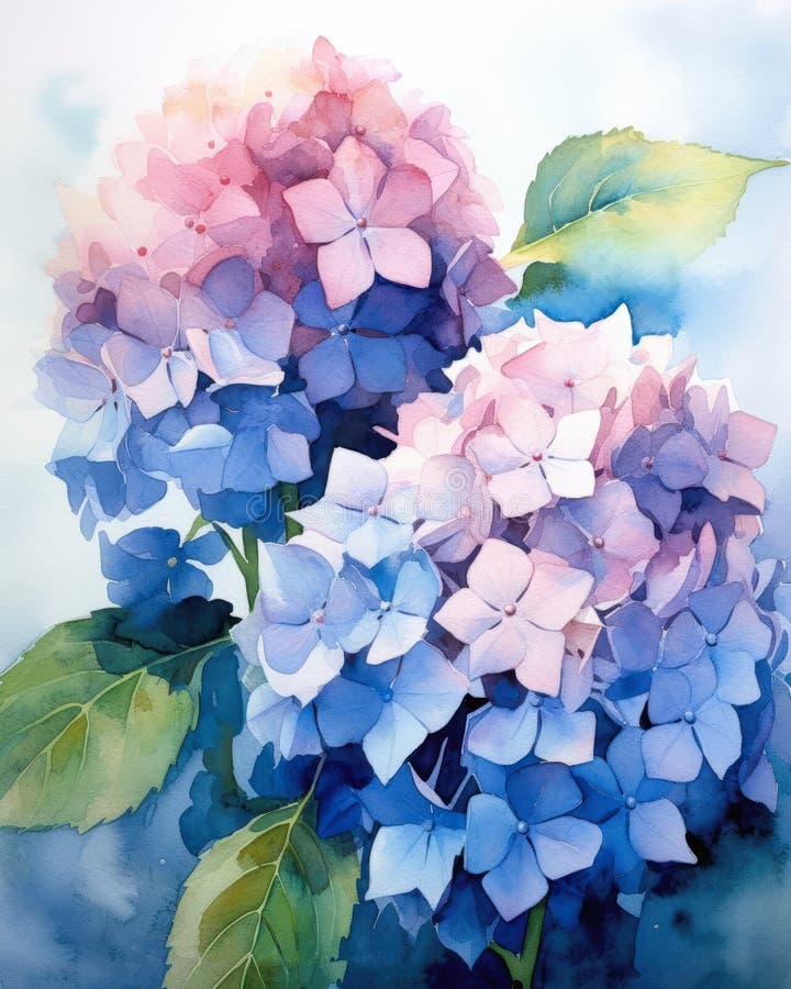 Idranea colorazione profonda tecnica di lavaggio con tecnica di idrante rosa blu foglie di colore rosa chiaro colorazione botanica illustrazione di stock