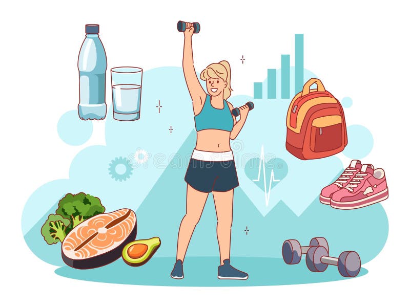 Idrottsutövare. en sund livsstil på morgonen tränar en flicka med dumbbell med hög livskvalitet och hälsosam kropp vektor illustrationer