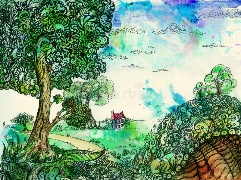 Stylized landscape: countryside idyll with a hollow hill in the foreground. Stylized landscape: countryside idyll with a hollow hill in the foreground