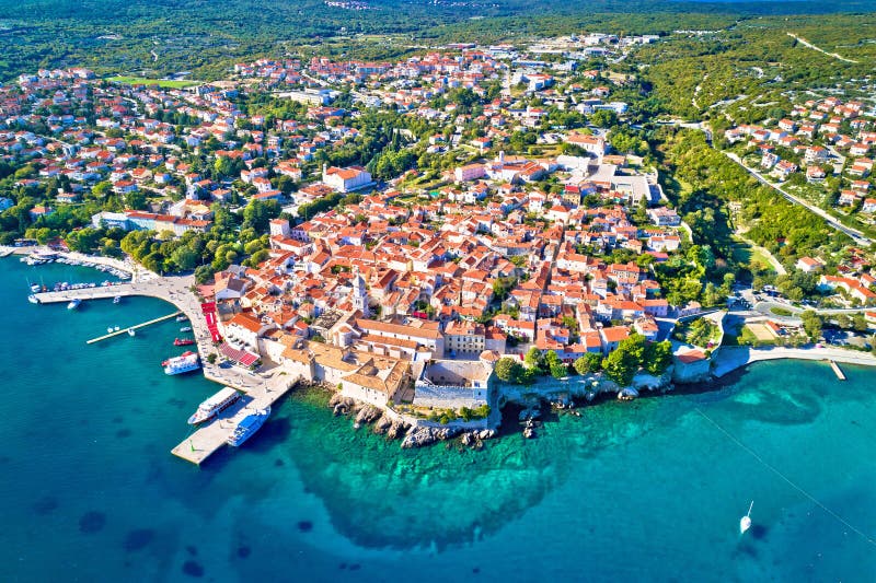 Idyllic Adriatic island town of Krk aerial view, Kvarner bay of Croatia