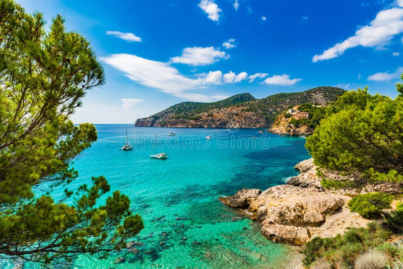 Idyllic island scenery, Majorca beautiful view of Camp de Mar bay coast, Spain Mediterranean Sea, Mallorca Balearic Islands. Idyllic island scenery, Majorca beautiful view of Camp de Mar bay coast, Spain Mediterranean Sea, Mallorca Balearic Islands.