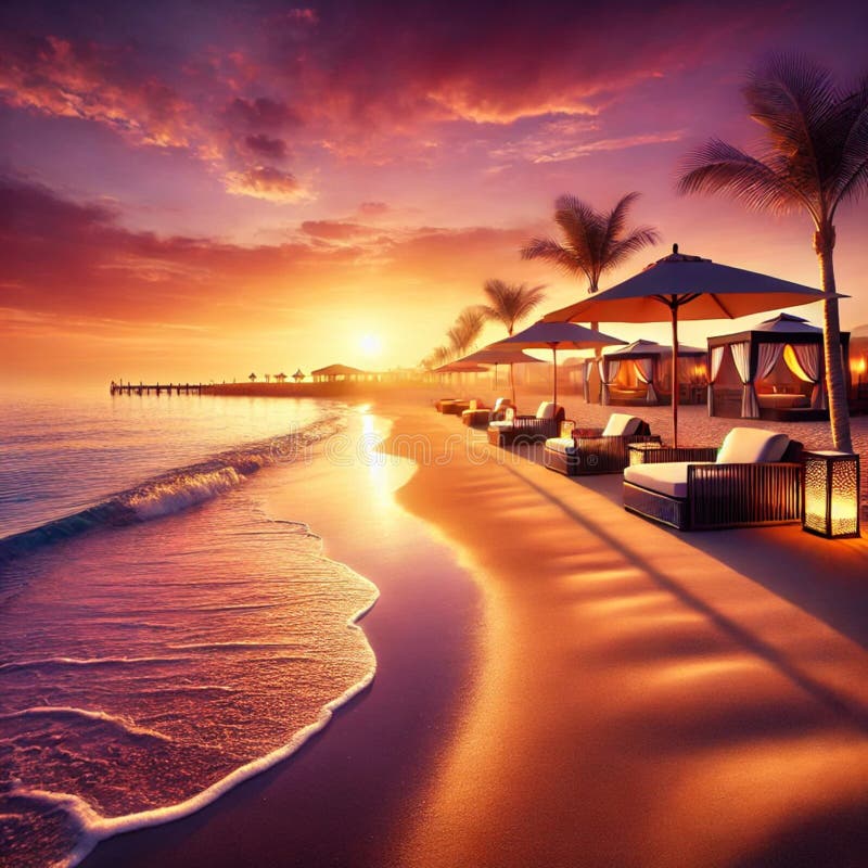 Idyllic Beach Lounge at Sunset with Palm Trees and Stunning Seascape AI-GENERATED royalty free stock photos