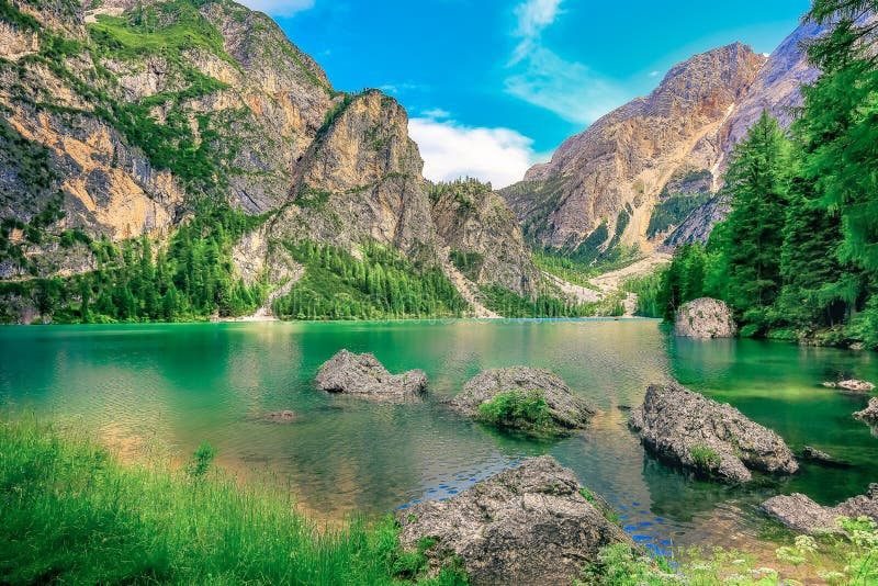 Braies lake at sunrise in Dolomites alps Landscape, Italy