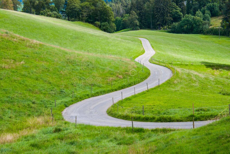 An idyllic road between green fields in the mountains