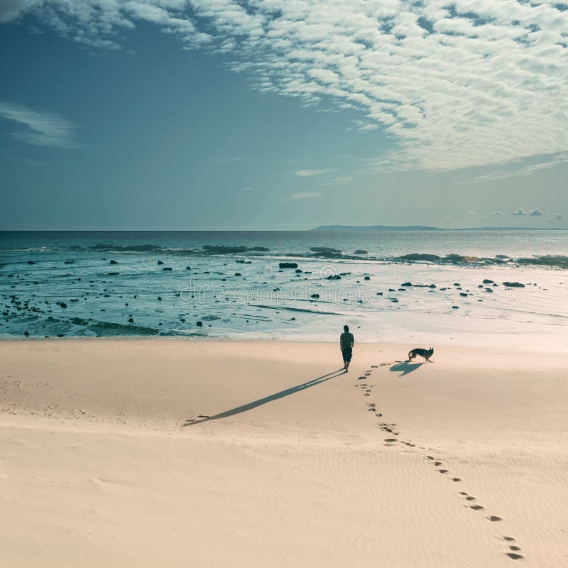 Idyllic seascape with a man walking on the lonely beach with his dog