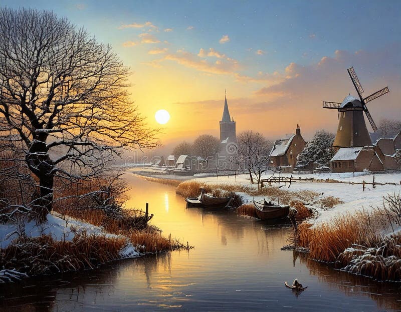 Idyllic view of the Dutch landscape in winter. Image. royalty free stock image.
