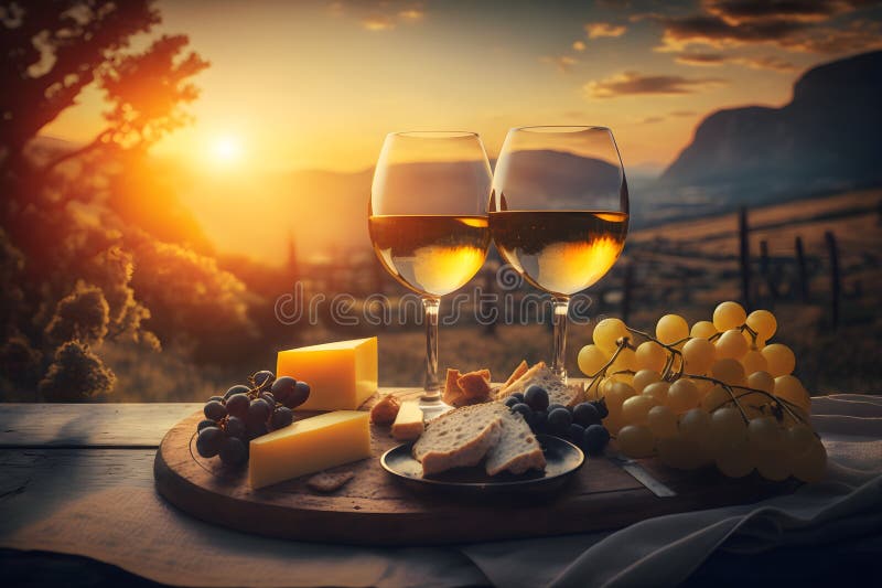Idyllisch beeld van de zonneachtergrond met twee glazen witte wijnkaasdruiven