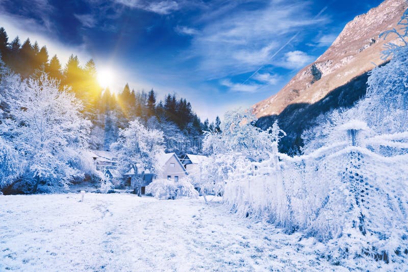 Idyllisch de winterlandschap. Alpien Slovenië royalty-vrije stock afbeelding Idyllisch de winterlandschap. Alpien Slovenië royalty-vrije stock afbeelding
