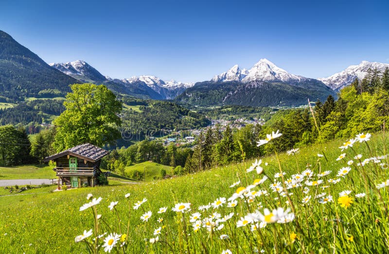Idyllisch de zomerlandschap in de Alpen met bergplattelandshuisje stock foto Idyllisch de zomerlandschap in de Alpen met bergplattelandshuisje stock foto