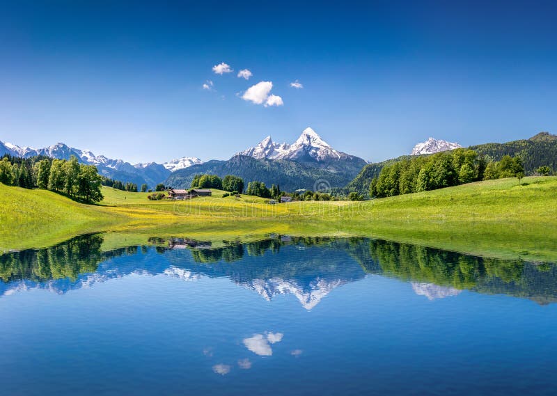 Idyllisch de zomerlandschap met bergmeer in de Alpen