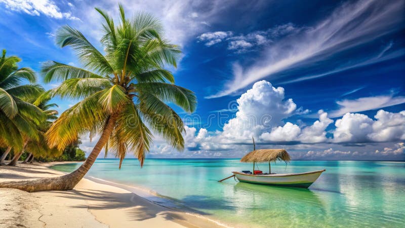 Idyllische Tropical Beach Szene mit Palmen Bäumen Türkiswasser und ein Boot lizenzfreie abbildung