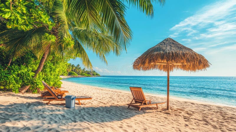 Idyllische Tropical Getaway Azure Wasser White Sand Beach Palmen und Liegestühle zum Entspannen stock abbildung