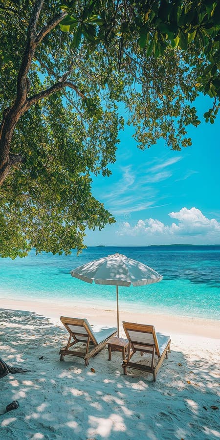 Idyllische Tropical Getaway 2 Loungesessel unter einem Regenschirm am weißen Sandstrand von Pristine. Idyllisches Tropical Getaway 2 Lounge-Stühle unter einem Regenschirm am weißen Sandstrand von Pristine Generated by AI