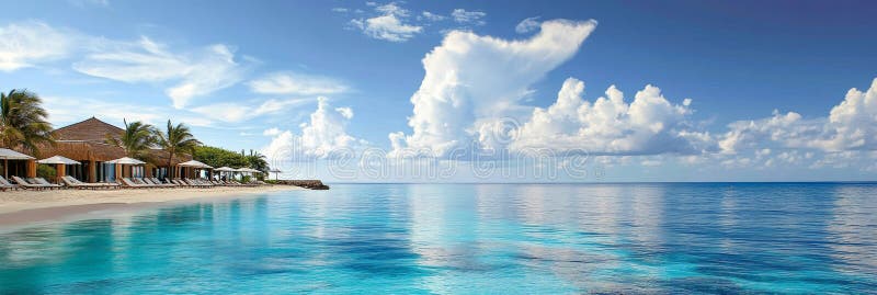 Idyllischer tropischer Badeort mit luxuriösen Cabanas Palmen blauer Himmel und bewölkter Aussicht lizenzfreie abbildung