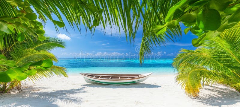 Idyllischer tropischer Strand mit Palmen und einem kleinen Boot ruhige Ausflugsziel stock abbildung