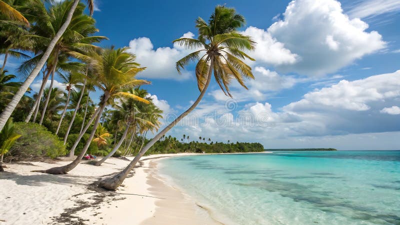 Idyllischer tropischer Strand mit Palmen und weißem Sandparadies. Fotogenerative AI vektor abbildung