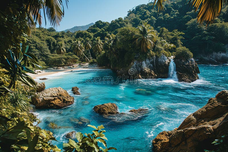 Idyllischer tropischer Strand mit Wasserfall azurblaues Meer und üppiger Vegetation lizenzfreie abbildung