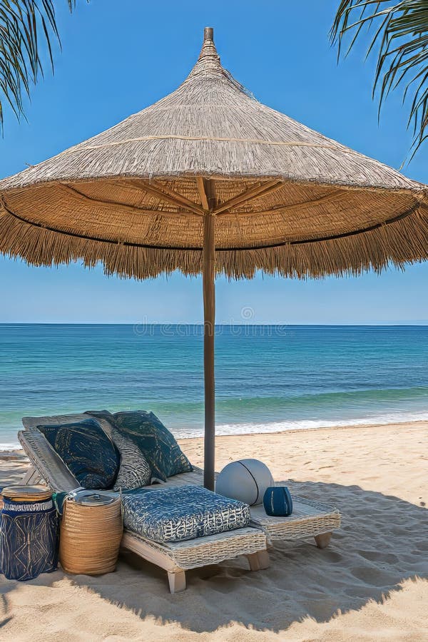 Idyllisches Tropical Getaway Beach Sessel auf weißem Sand unter Palmen mit Blick auf den Ozean vektor abbildung
