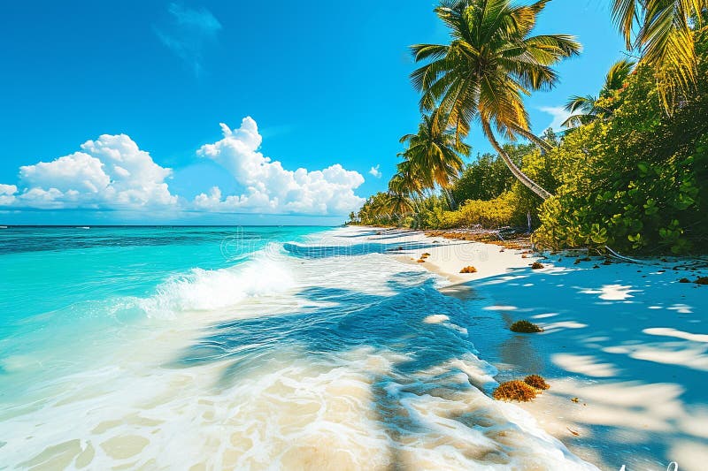 Idyllisches tropisches Strandparadies mit azurblauem Wasser und Palmen vektor abbildung