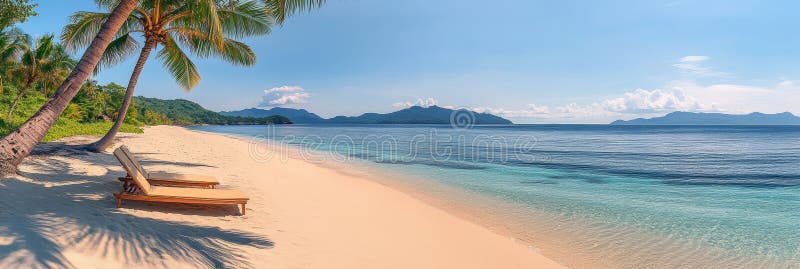 Idyllisches tropisches Strandparadies mit Palmen, unberührtem Sand und kristallklarem türkisfarbenem Wasser stock abbildung
